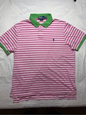 Ralph Lauren Pink & White Striped Polo with Green Collar